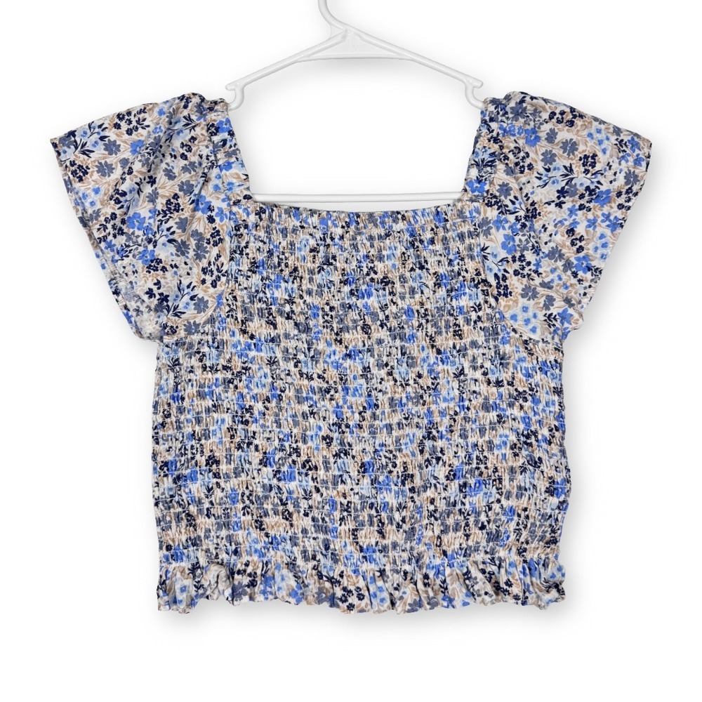 Tommy Bahama Girls Blue Floral Smocked Flutter Sleeve Top Size M 7/8 CE02375